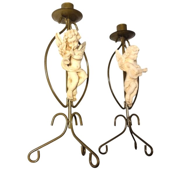 Vintage Angel Cherub Taper Candle Holders Set Of 2 Gold Brass Resin 12" Baroque - Picture 2 of 9